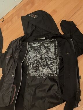 Black Hooded Windbreaker Jacket with Graphic Lining